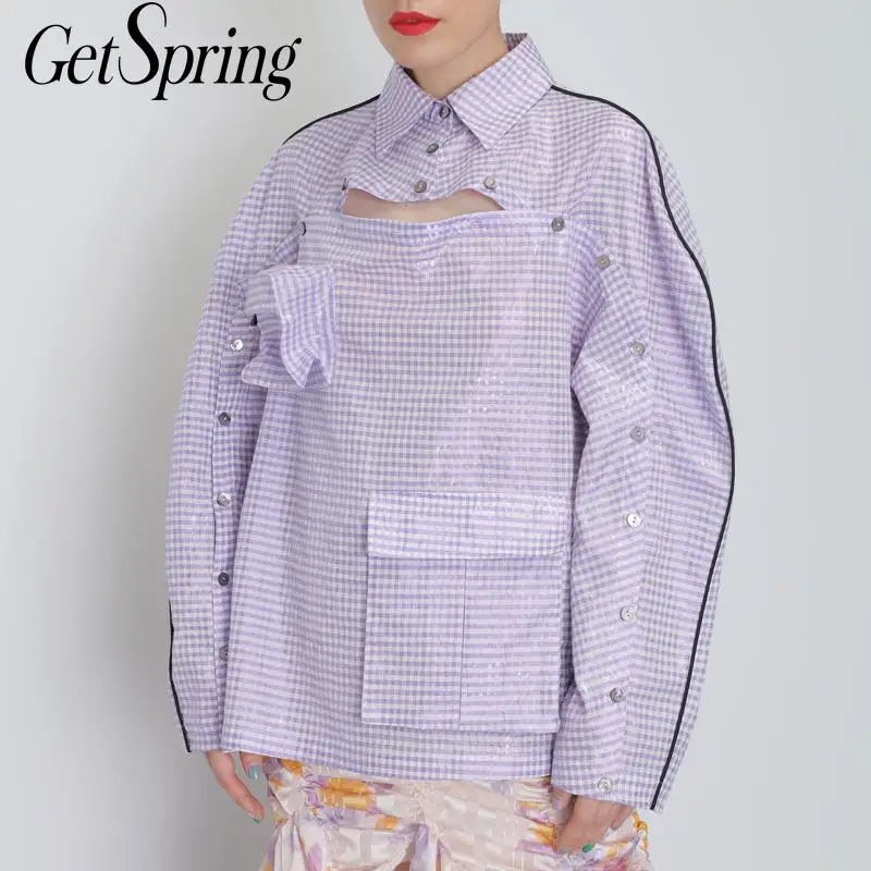 

GETSPRING Women Blouse Plaid Long Sleeve Women Shirts Loose Irregular Women Tops Gloss Plaid Multi-Buttons Summer Tops 2019 New