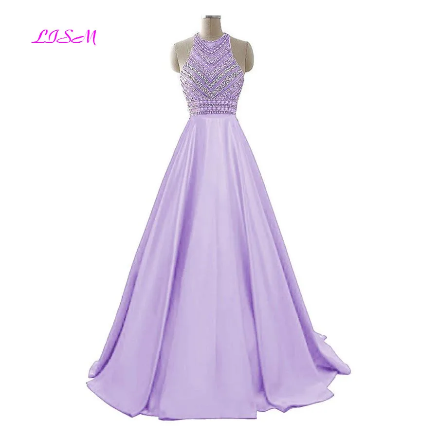 Royal Blue Crystals Prom Dresses 2022 A-Line Sleeveless Party Dress with Pockets O-Neck Beaded Satin Long Formal Evening Gowns rose gold prom dress