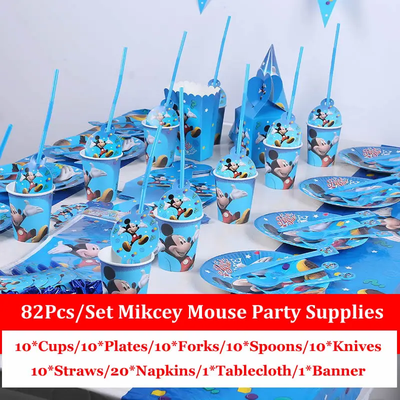 

82pcs/set Mickey Mouse Baby shower disposable party tableware plates tablecloth cups dishes banner kids birthday decorations boy