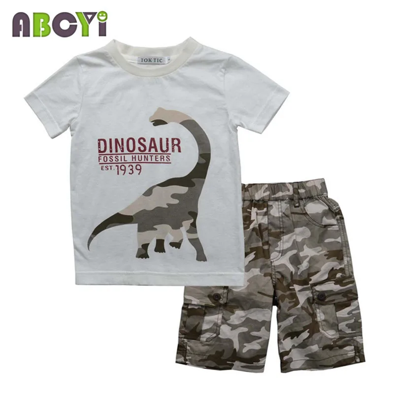Армейские комплекты одежды для маленьких мальчиков летние модные комплекты одежды для детей 2-7 лет футболка с рисунком динозавра для мальчиков хлопок камуфляжные штаны
