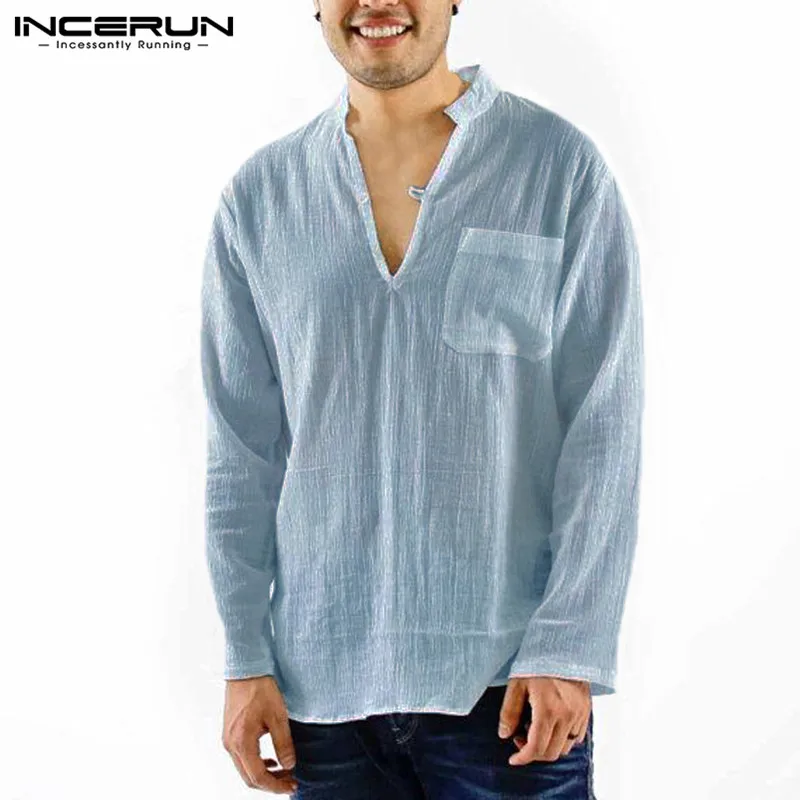 Брендовые пляжные повседневные мужские рубашки из хлопка и льна с карманами, белые футболки топы Осенняя рубашка блузка сорочка Hombre - Цвет: Blue