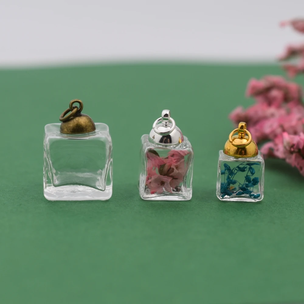 

1set cube Glass Bubble with cap set jewelry findings hollow cube glass bottle cover glass globe
