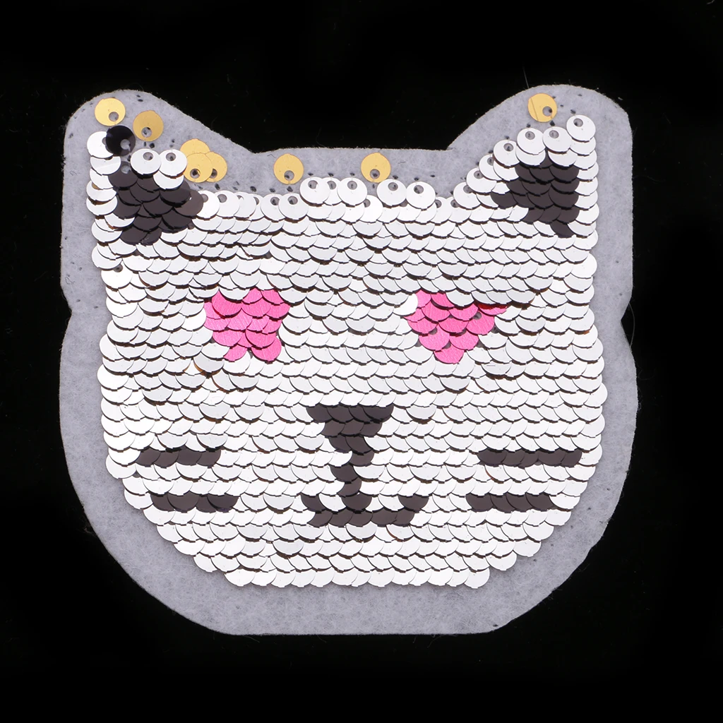Catoon Cat Reversible Patch Embroidered Iron on Sew on Applique Glitter Sequin for Jeans T-shirts Clothing