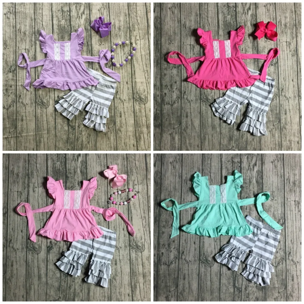 

summer baby girls children clothes cotton solid stripe capris belt ruffle boutique outfits mint pink lanvender match accessories