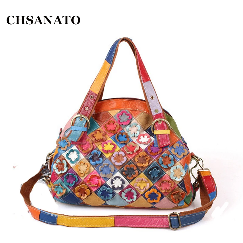 

2018 New National Wind Genuine Leather Bags Women's Flowers Bag Shell Bag Handbag Famous Patchwork Shoulder Bag