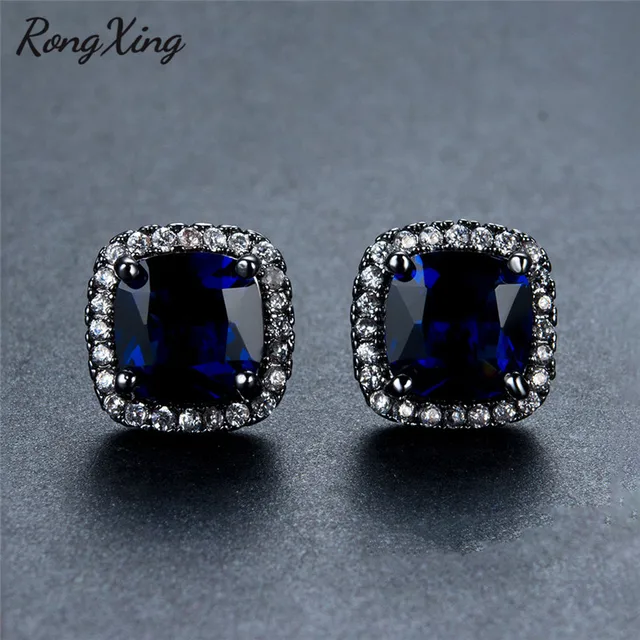 Rongxing Square Blue Zircon Stud Earrings For Women New Fashion Rongxing Square Blue Zircon Stud Earrings For Women New Fashion Vintage Black Gold Filled White