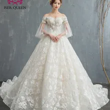 Романтические цветочные аппликации Королевский поезд принцесса свадебные платья бальное платье с коротким рукавом размера плюс Европа свадебное платье WX0122