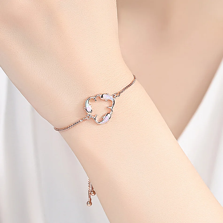 ELESHE 2 Colors Antique Silver Chain Bracelets with Zirconia Fire Opal Women Bracelet 2018 Dancing Dolphins Rose Gold Jewelry