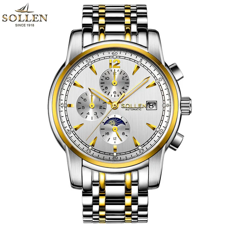 

2017 SOLLEN Top Brand New Mechanical watches Men Fashion Waterproof Luminous Watch with Calendar Moon Phase relogio masculino