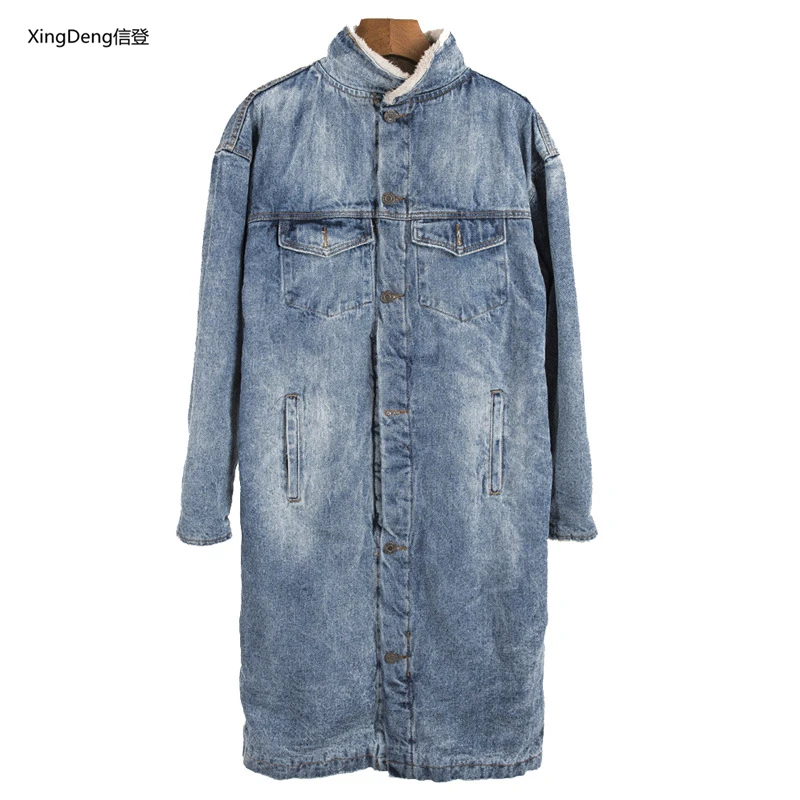 

XingDeng Winter thicken warm wool men's cowboy jackets high quality casual brand top dust coat blue fleece clothes lengthen