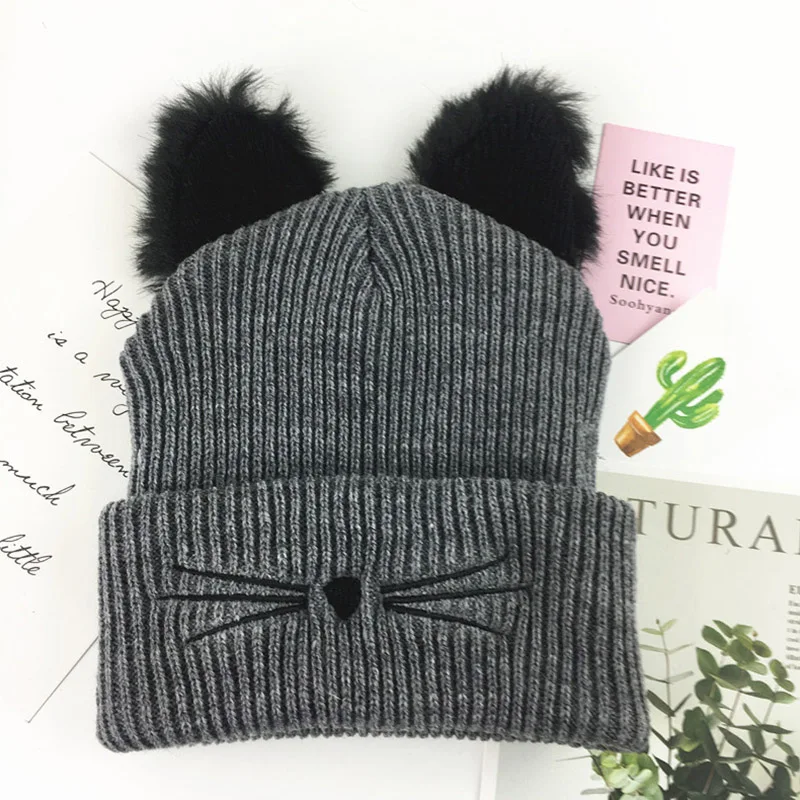 dark gray Модная теплая женская шапка с котом, вязаная крючком Зимняя шерстяная вязаная Лыжная шапка с черепом, милая уличная Лыжная вязаная шапка с черепом для девочек - Цвет: dark gray