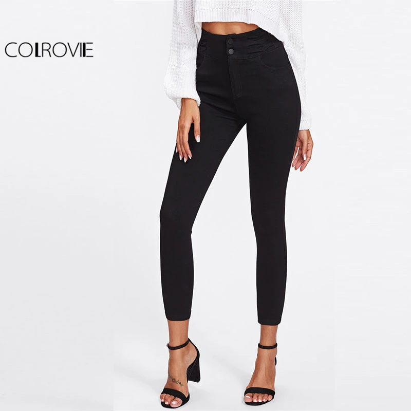 Goedkoop COLROVIE Zwarte Hoge Taille Skinny Denim Jeans Vrouwen Zipper Fly Casual Effen Broek 2018 Lente Meisjes Slim Stretch Broek