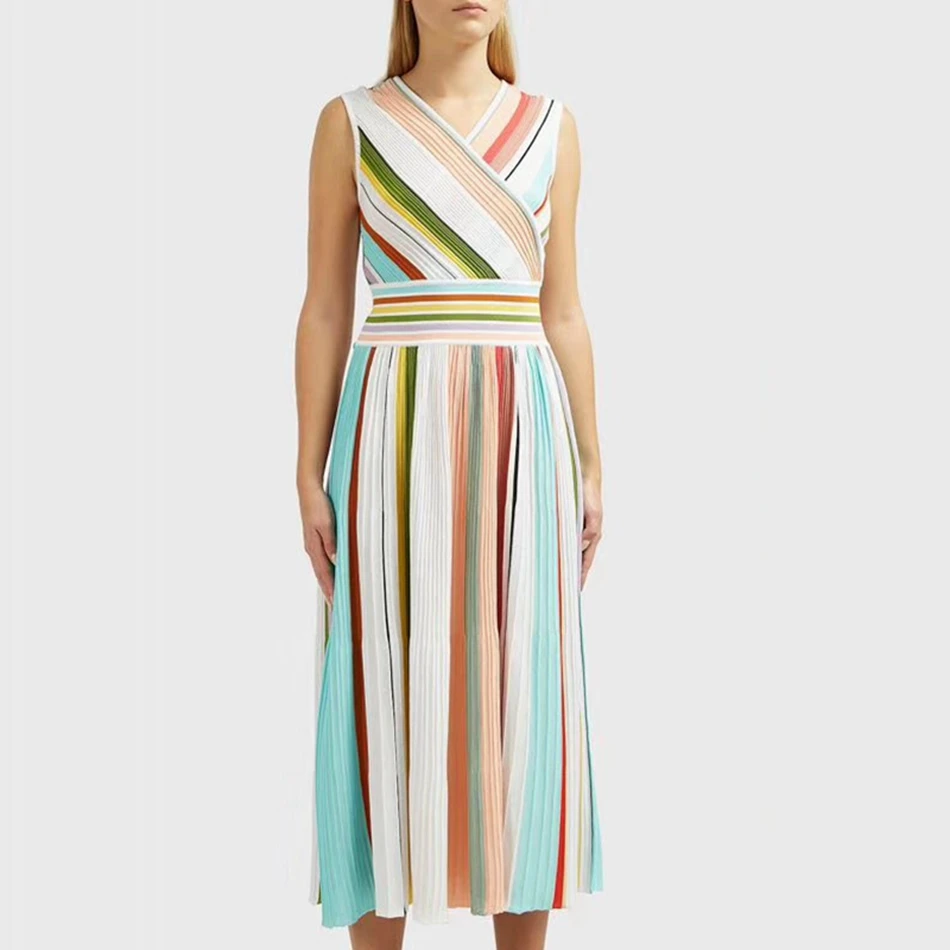 

New 2019 Women Striped Sexy Sleeveless Multicolor Sexy v neck Bandage Dress Mid-Calf Celebrity Party Summer Vestidos Wholesale