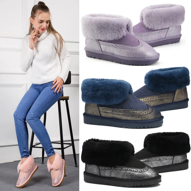 

Warm and wear-resistant non-slip ladies snow boots comfortable suede Sheepskin with wool Brock style cuffed winter women's shoes