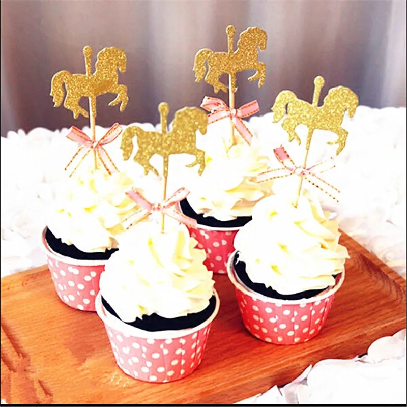 

5pcs Horse Cupcake Topper With Bow Tie Glitter Gold Carousel Wedding Birthday Party Cake Decoration DIY Handmade Cake Decor