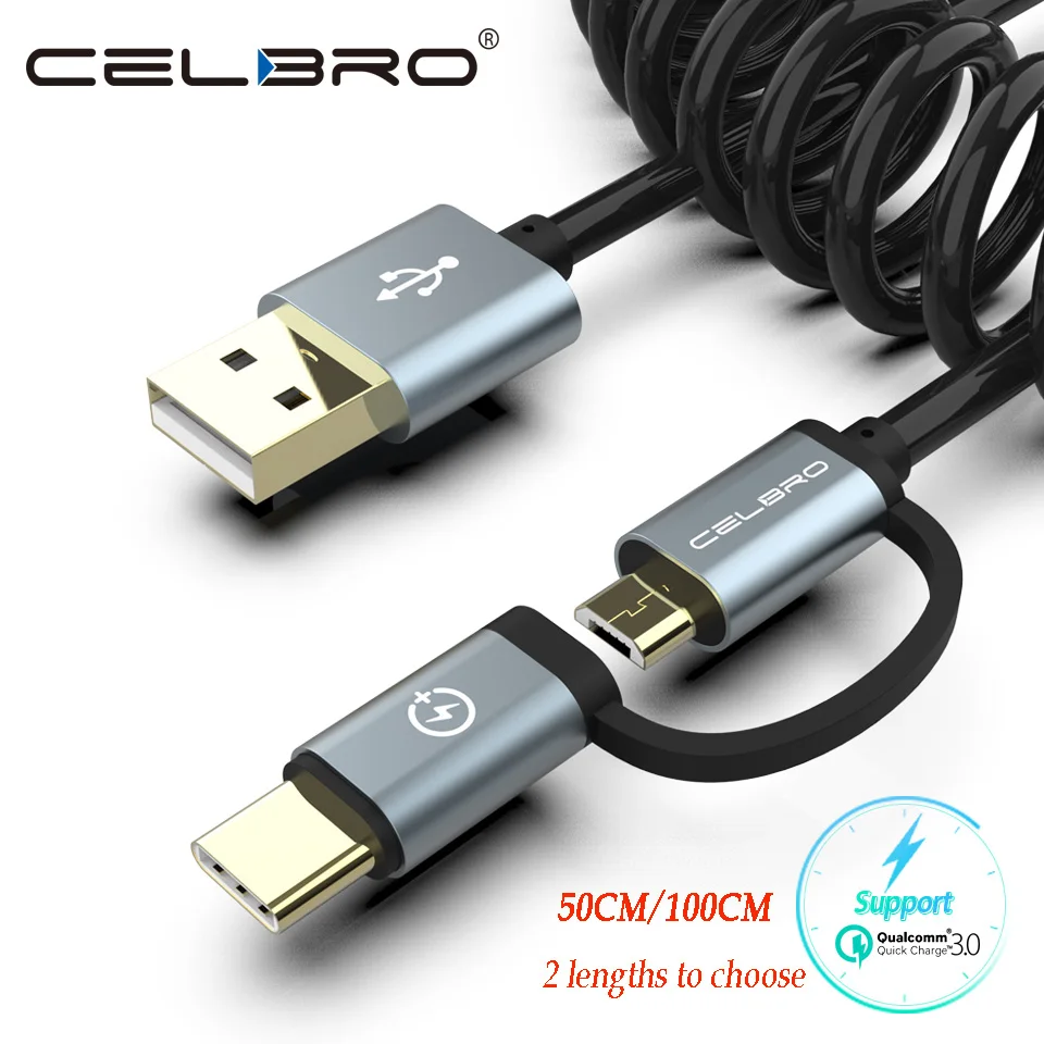 

Usb Type C Spring Coiled Cable 2 In 1 Micro Usb Extension Cable Car Charger Cable Cabel For Samsung Huawei Android Mobile Phones
