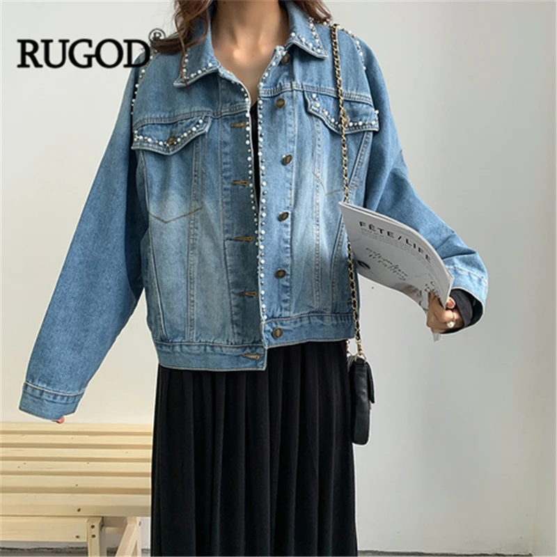 RUGOD 2019 Denim Pearl Pendant Jacket Women Denim Coat