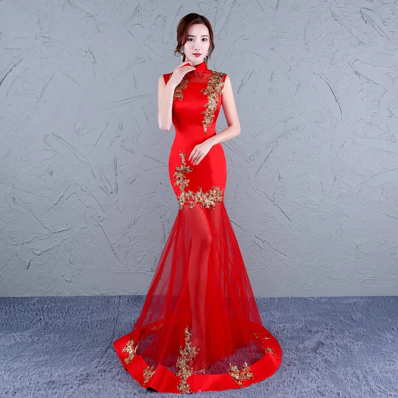 Традиционное китайское платье qipao без рукавов женское длинное зеленое русалки с