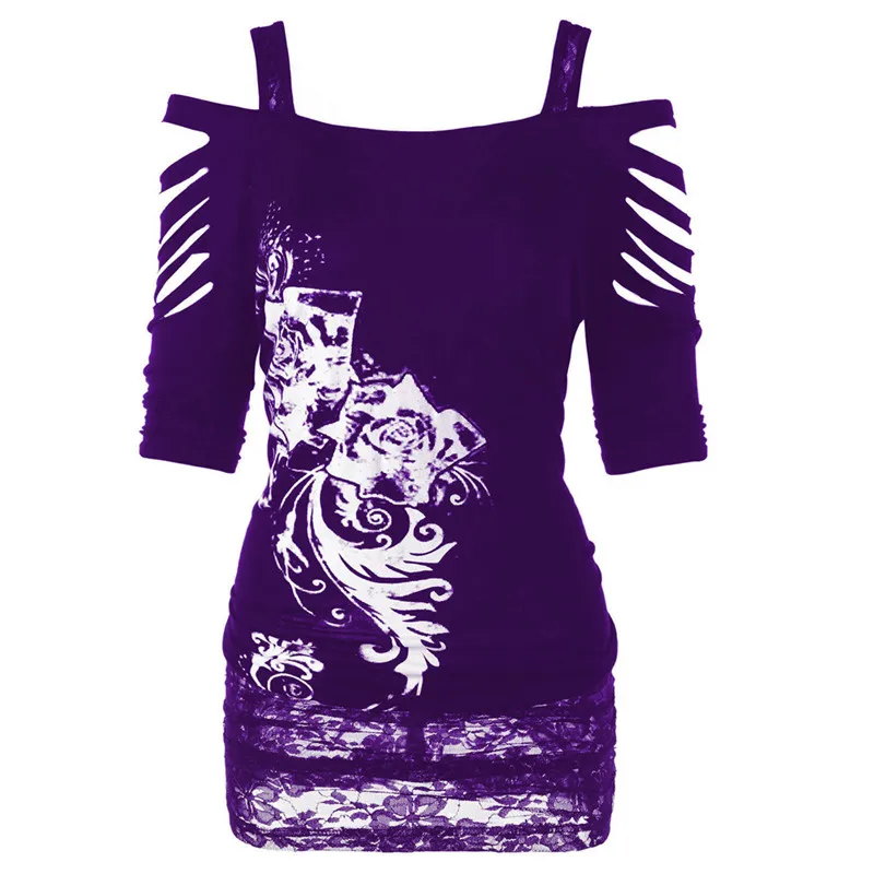 Сексуальная летняя повседневная футболка, черная, прямая, с открытыми плечами, кружевная, череп, крест, крыло, принт, для женщин, летучая мышь, топ, футболка в стиле рок, топы - Цвет: Фиолетовый