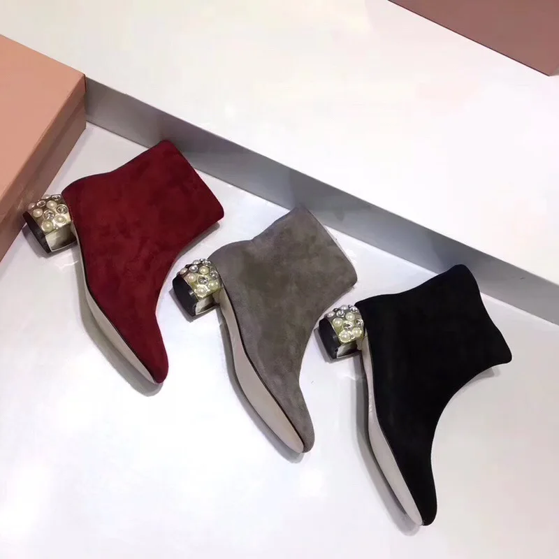 

Kmeioo 2019 Spring Shoes Woman Ankle Boots Genuine Leather Shoe Women With Crystal Jewel Boots Pointed Toe Round Heels