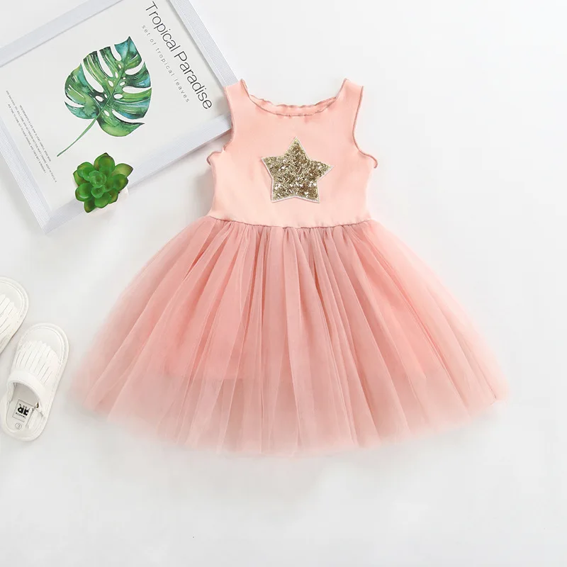 

Baby girl summer sleeveless dress kids baby Five-pointed star sequined princess dress children girls cute mesh dress