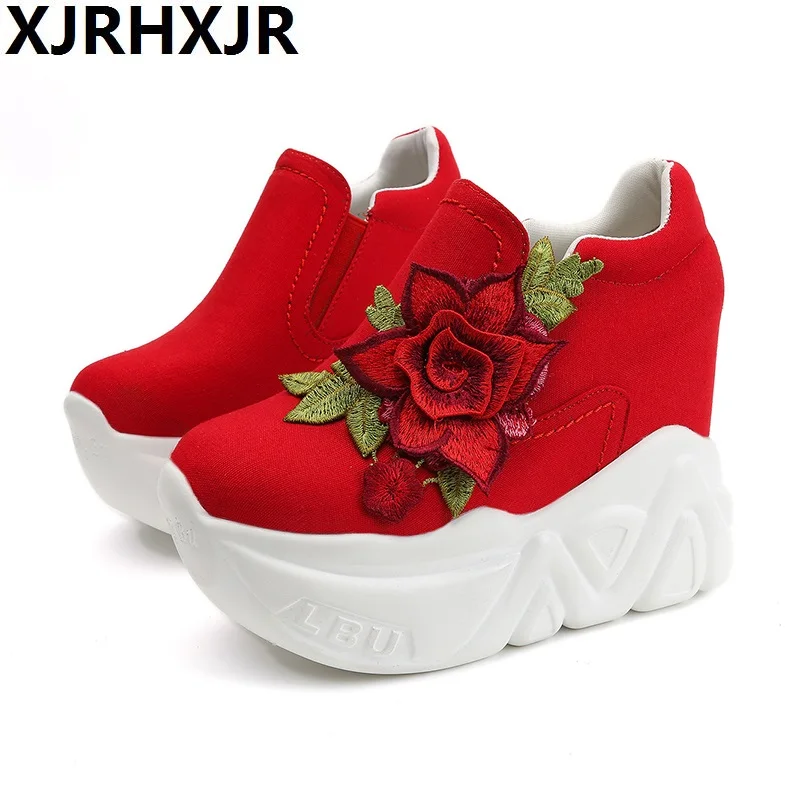 

XJRHXJR New 2019 Wedges High Heels Ladies Casual Shoes Vulcanize Women Slip On Platform Shoes Female Chaussure Femme Red Flowers