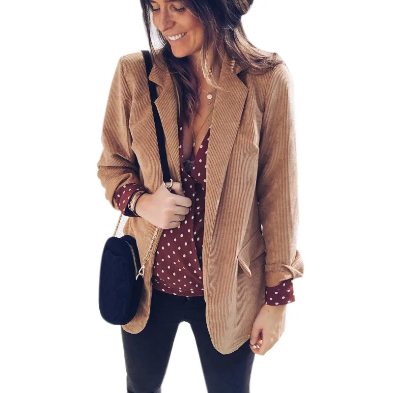 

Women Elegant Long Sleeve Suit Collar Front Open Cardigan Ladies Casual Solid Color Ol Fake Pockets Corduroy Blazer Jacket Out