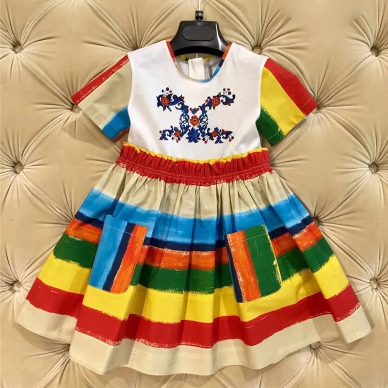 Летнее разноцветное платье в стиле пэчворк для девочек Хлопковое платье принцессы со складками для маленьких девочек