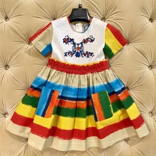 Летнее разноцветное платье в стиле пэчворк для девочек Хлопковое платье принцессы со складками для маленьких девочек