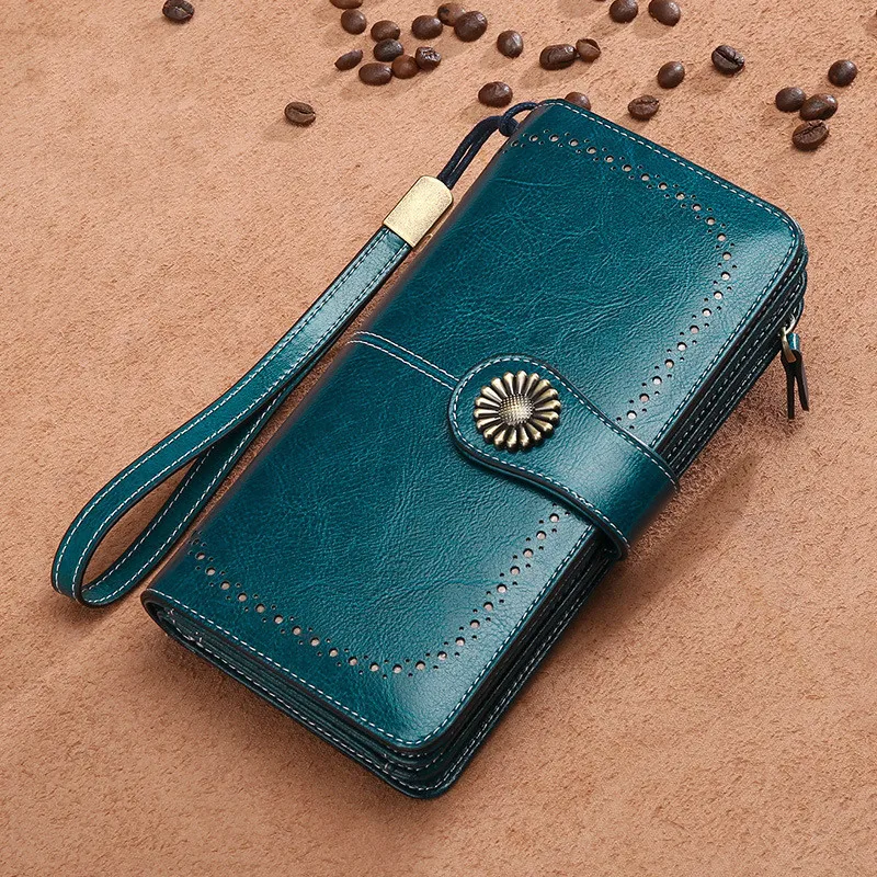 RFID женский клатч, кошелек из натуральной кожи, качественный Длинный кошелек, женская сумка, кошелек для монет, на молнии, на кнопке, кошельки, держатель для карт - Цвет: blue
