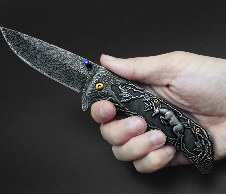 Высокое качество 3D олень Складные Ножи Дамасская сталь узор Карманный выживания EDC инструмент тактический открытый Коллекция Походный нож