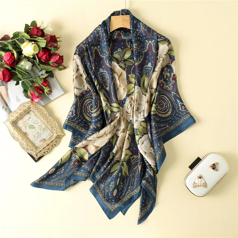 

Visual Alxel Large Size 140*140cm Silk Square Scarf Women Luxury Brand Rose Print Silk Pashmina Shawl Big Wrap Foulard New 2018