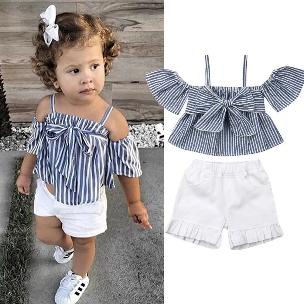

Pudcoco 2019 Summer Toddler Kid Baby Girls Bowknot Off Shoulder Striped Tops White Shorts Pants Clothes