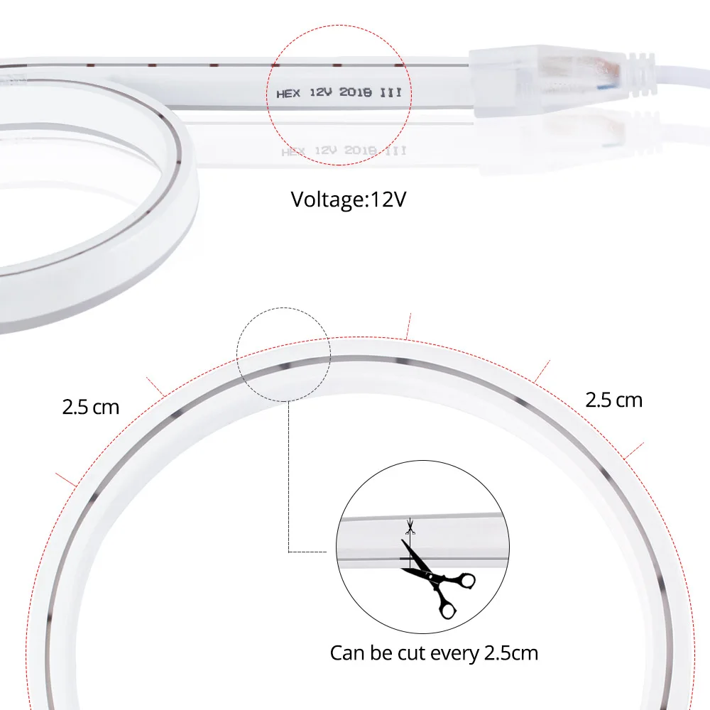 12V Светодиодные ленты гибкий неоновый светодиодный светильник Водонепроницаемый SMD 2835 вечерние украшения неоновые веревка лампа с кабелем подключения для передачи данных 1 M/2 M/3M/5 м/10 м