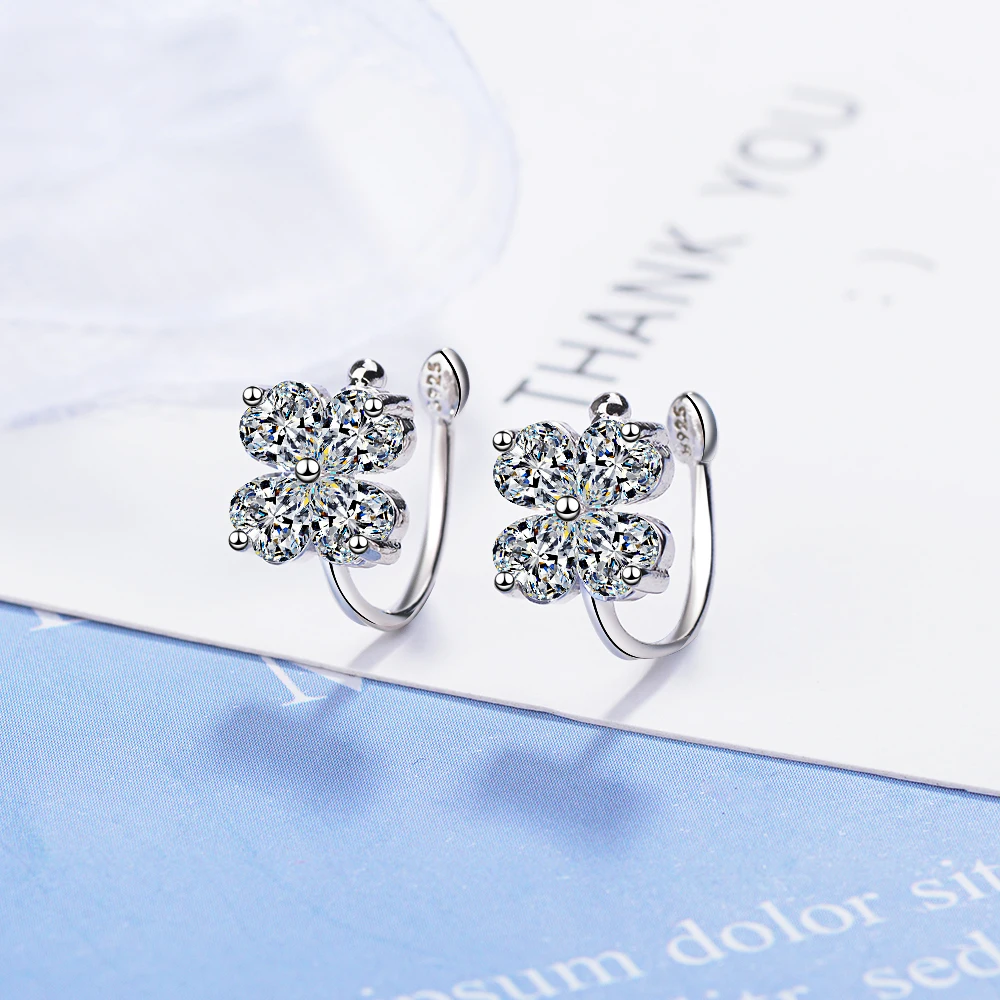 

Fashion 925 Silver Four Leaves Clover Zircon Ear Clip With no Pierced Flower Clip Earrings Ear Cuffs for Women Punk Charm Bijoux