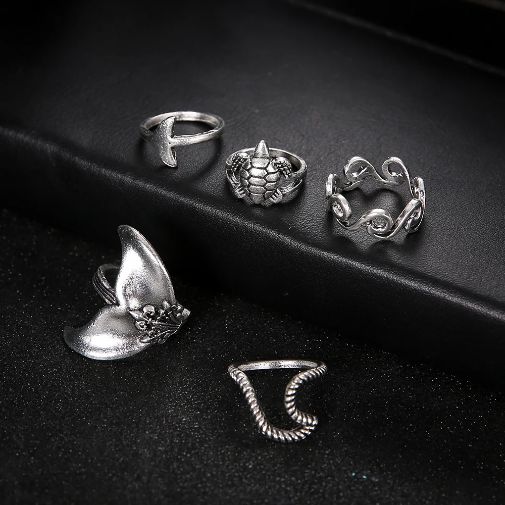 

5 PCS/Set Mermaid Wave Midi Rings For Women Bohemian Moon Turtle Charms Rings Wedding Party Punk Jewelry New Fashion Gifts 2018