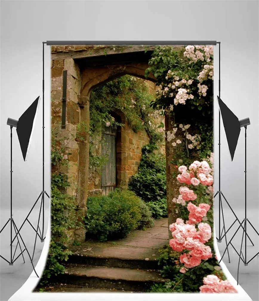 

Photography Backdrop Weathered Brick House Green Vine Blooming Flowers Nature