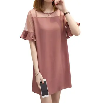 

4XL Ruffle Short Sleeve Long Shirt Women Summer Casual Loose Patchwork Mesh Tops And Blouse Fashion Plus Size Vestido Blusa f763