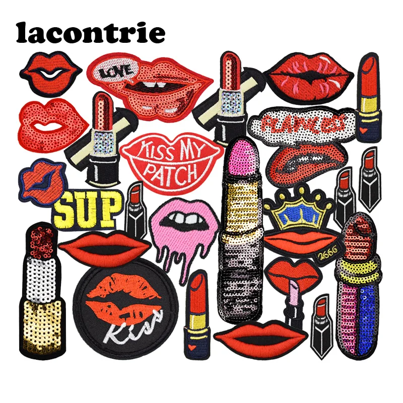 

10pcs random lips lipstick patches for clothing iron on patches embroidery patch applique parches ropa kiss stickers for clothes