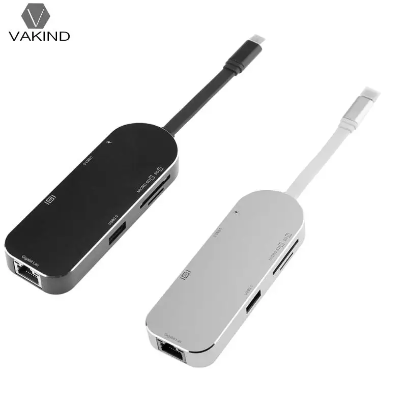 

7in1 Multifunction USB Type C HUB Spiltter Adapter USB-C to 2 Usb3.0 PD 4K HDMI HD Video RJ45 Gigabit Ethernet SD/TF Card Reader
