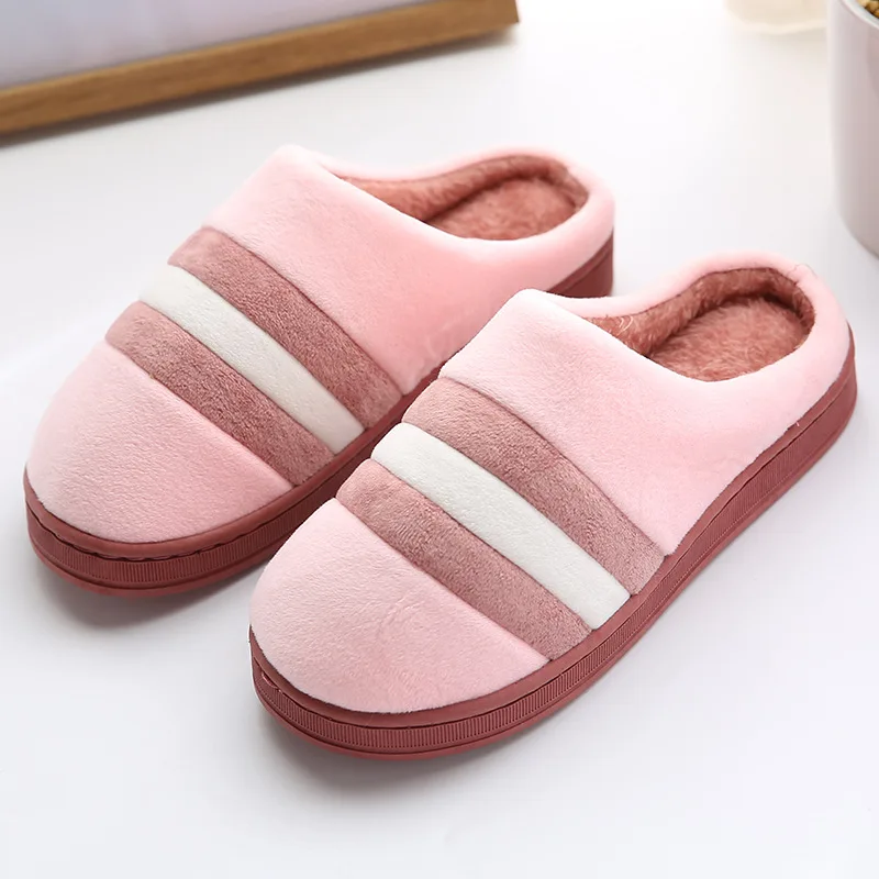 Зимние тапочки; женские толстые модные теплые вельветовые домашние тапочки в полоску; простая Нескользящая хлопковая обувь для отдыха; Женская обувь в Корейском стиле - Цвет: pink