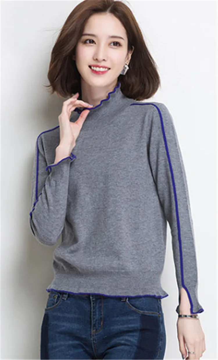 Большие размеры Чистая Шерсть Твердые вязать Женская мода трепал воротник пуловер свитер с рукавом-бабочкой серый 4 вида цветов M-3XL
