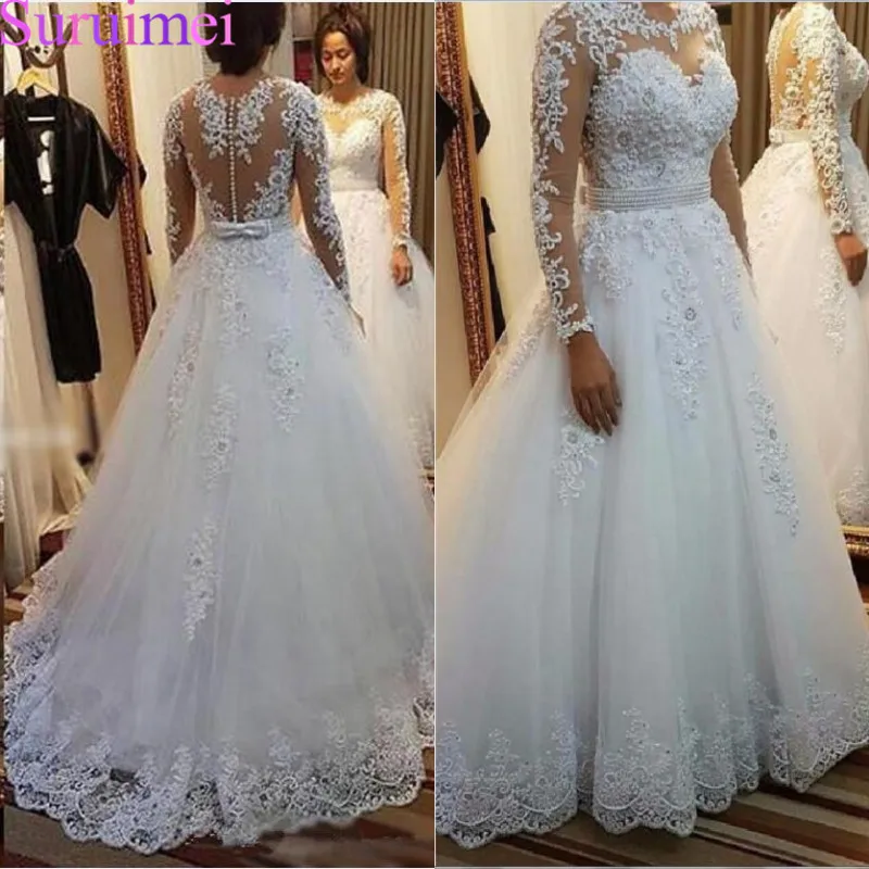 

Long Dress Elegant Vestido De Noiva Long Sleeves Wedding Dress 2019 New Vintage Lace Appliques Pearls Bridal Gown