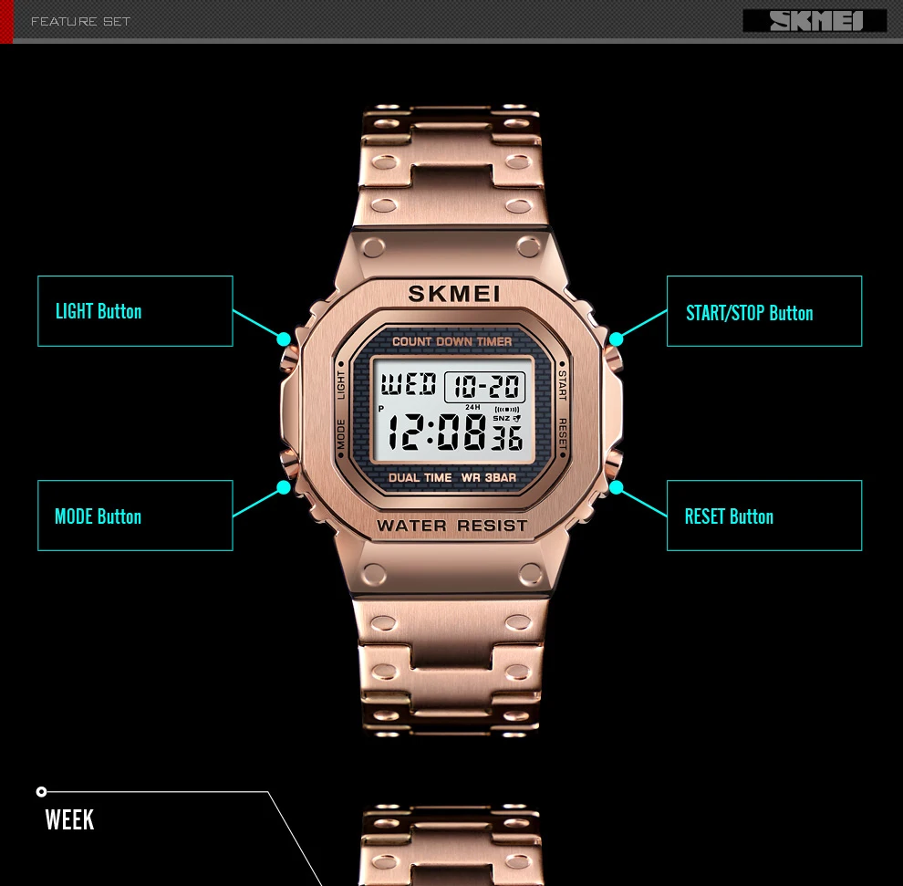 SKMEI 1456 Sport Watch Men Digital Watches 3Bar Waterpoof Alarm Clock