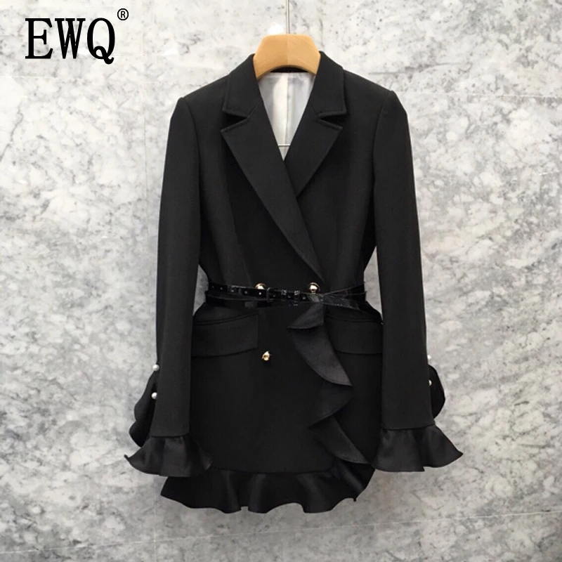 

EWQ 2020 Autumn New Pattern V-collar Long Sleeve Double Breasted Ruffles Patchwork Plus Size Woman Suit Blazer AG244