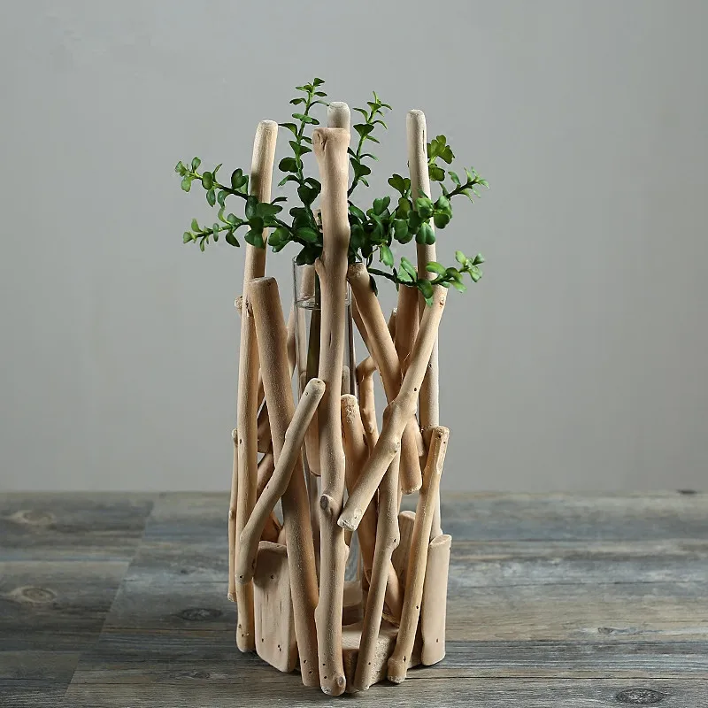 

Handmade Wooden Vase with Glass Tube Creative Hydroponic Plants Pot Natural Driftood Planter Home/Shop Decor Homewarming Gift