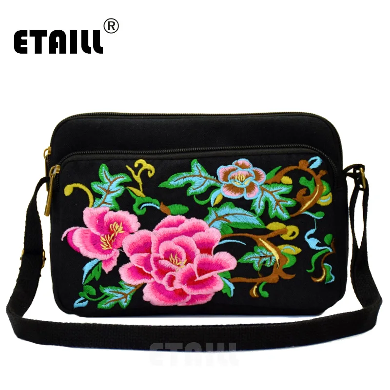 

ETAILL 3 Zippers Pink Flower Embroidery Bags 2018 Boho Hobo Chinese Style Small Embroidered Shoulder Bag Women Sac a Dos Femme