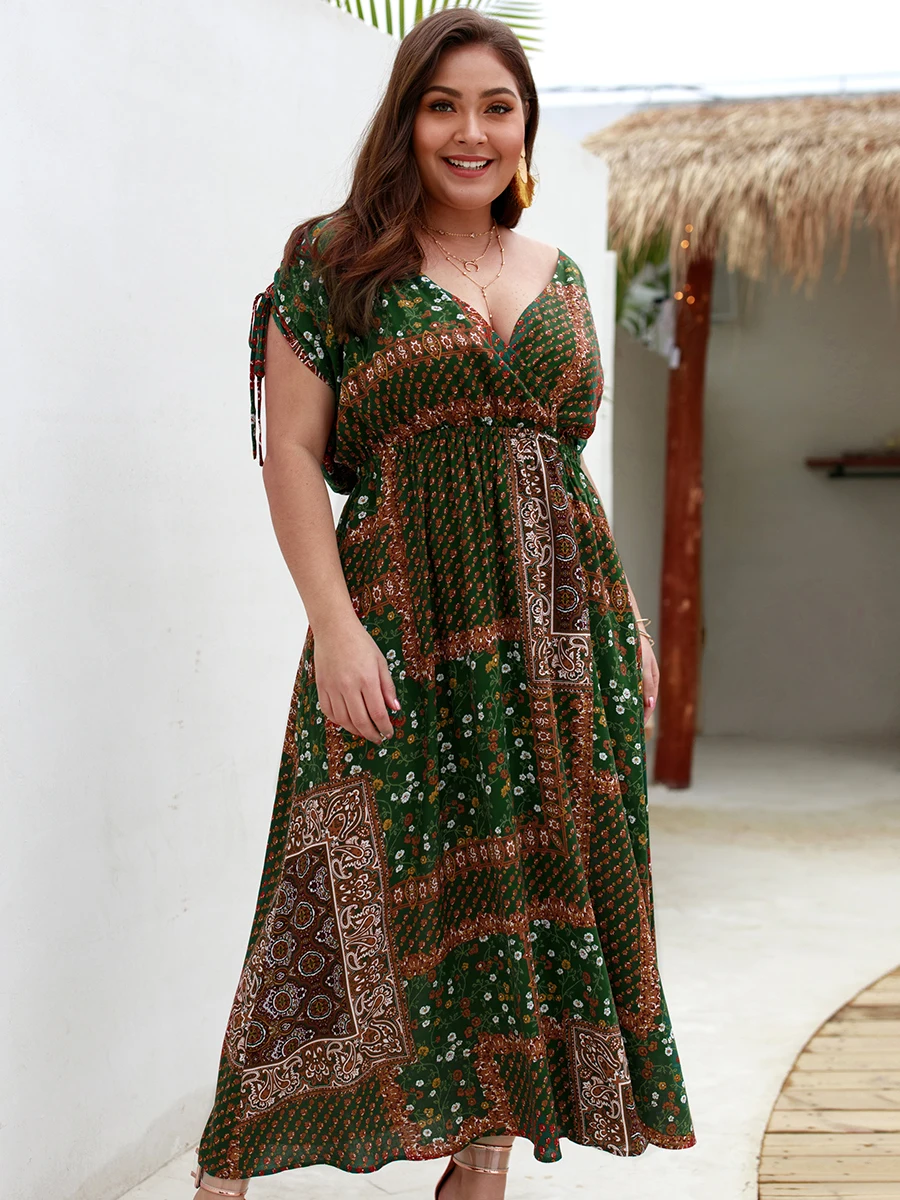 Для женщин призвание летнее платье Повседневное плюс Размеры BOHO короткий рукав с глубоким v-образным вырезом платья пикантные женские ботинки на шнуровке до Разделение длинное платье, платье
