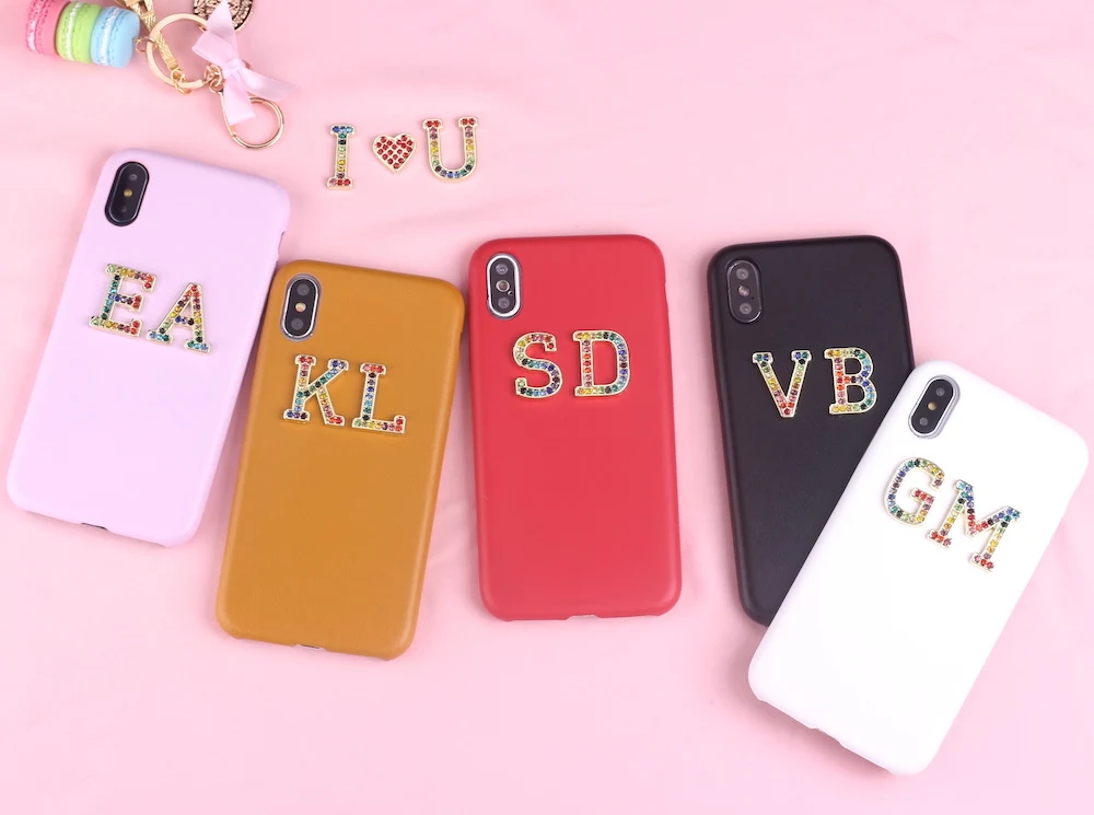 

Rhinestone Diamonds Crystal Metal Customized Initials For iPhone 6S XS Max XR 7 7Plus 8 8Plus X Smooth Slim Leather Case