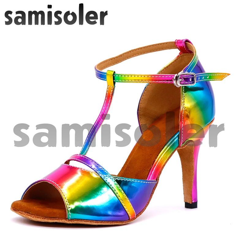 Samisoler/Обувь для латинских танцев; цвета радуги; яркая женская обувь из искусственной кожи для сальсы; Элегантная Обувь для бальных танцев; мягкая танцевальная обувь на каблуке для танго